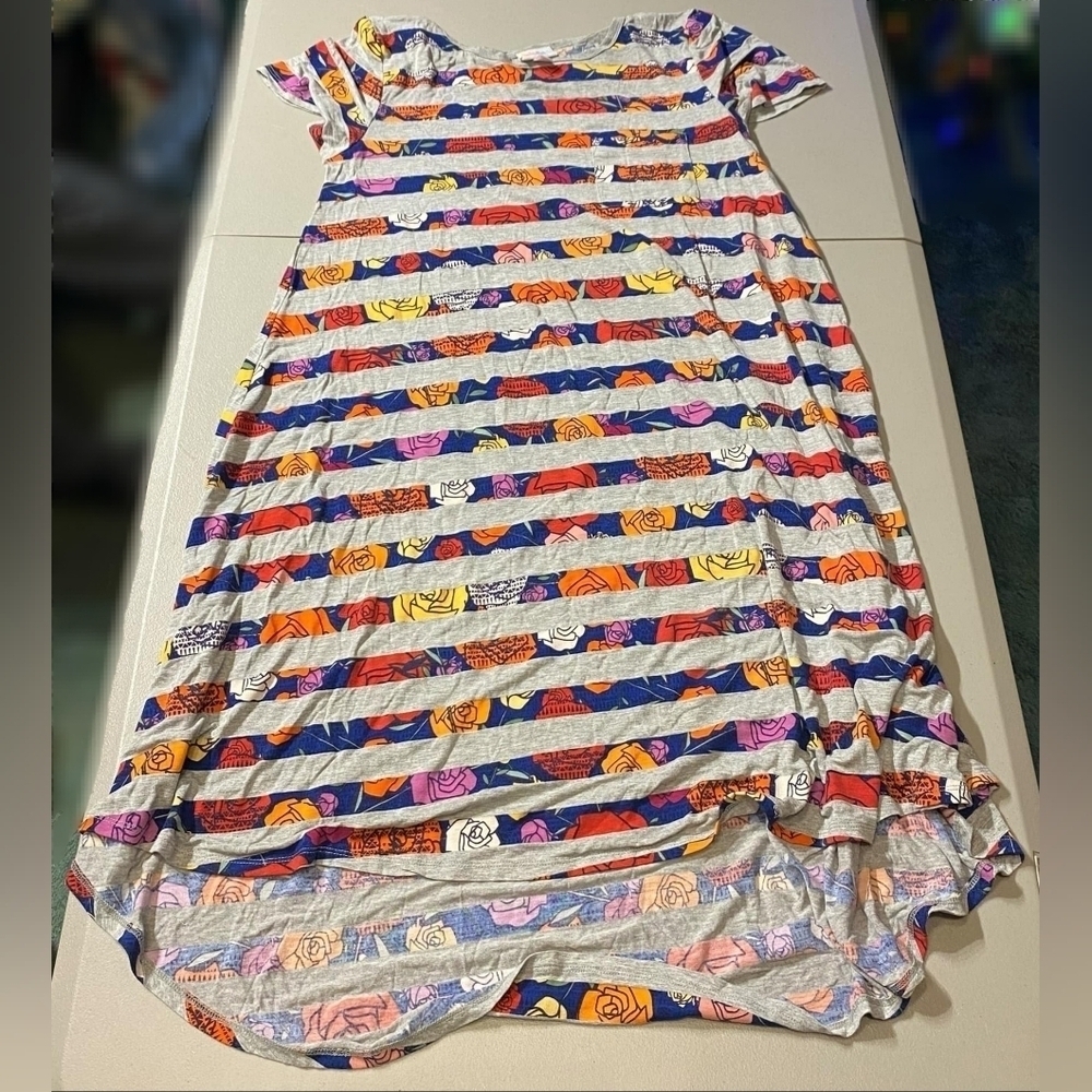 LuLaRoe Colorful Multi-Colored Grey Striped Floral Dress Women's Small S Casual